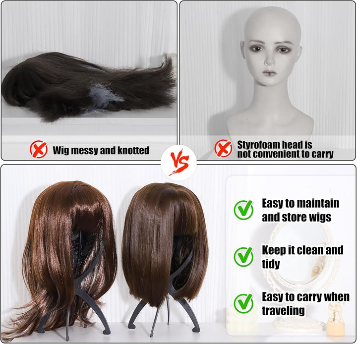 Wig Stand, Portable Wig Holder Wig Head Stand for All Wigs Travel Wig Hair Stylist Gifts for Women(Black (2 Pack))