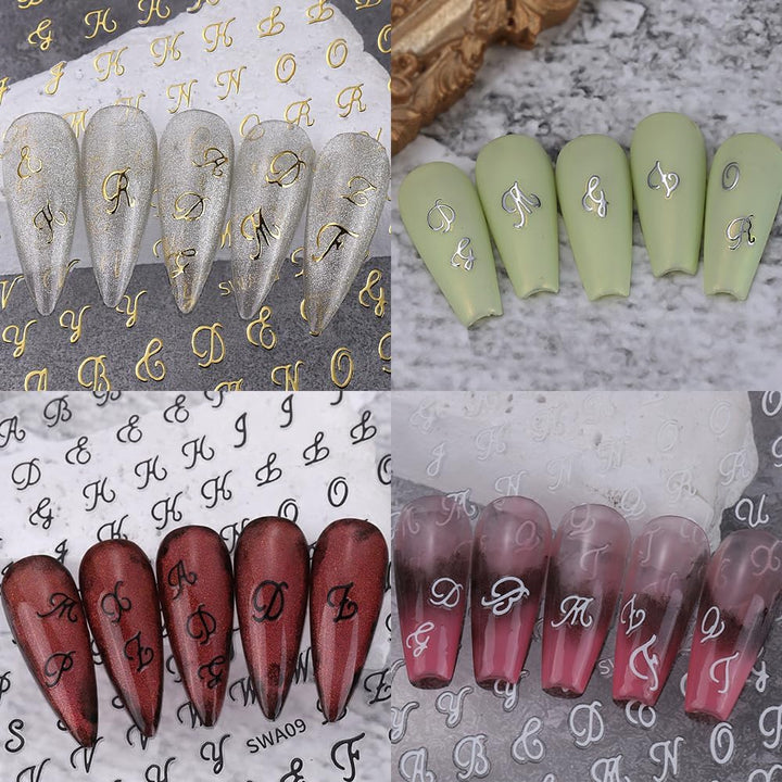 Letter Nail Stickers, 8 Sheets Old English Letter Nail Decals 3D Self-Adhesive Gold Silver Black White Retro English Pattern Old Alphabet Cursive Design Manicure Nail Accessories for Women Girls