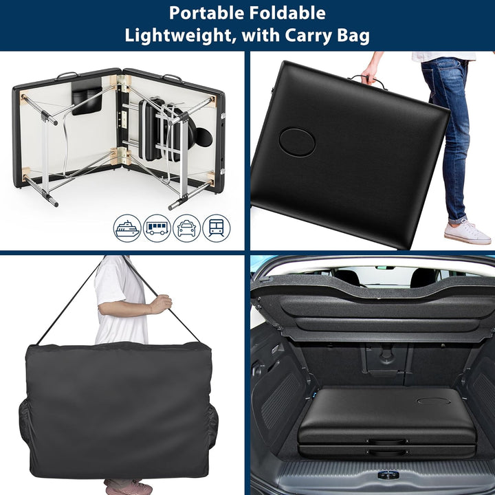 Massage Table Portable, 2-Fold Lash Bed with Side Pocket, Adjustable Height, Sturdy Aluminum Frame, Esthetician Spa Facial Tattoo Bed with Face Cradle & Carrying Bag, Black