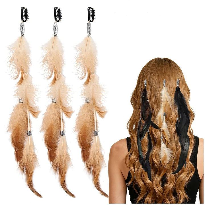 Feathers Hair Extensions for Women Boho Clip-In Hair Feather Accessories for Carnival Halloween Party Performances Photo Shoots, Brown Black Dark Coffee(3 Pcs)