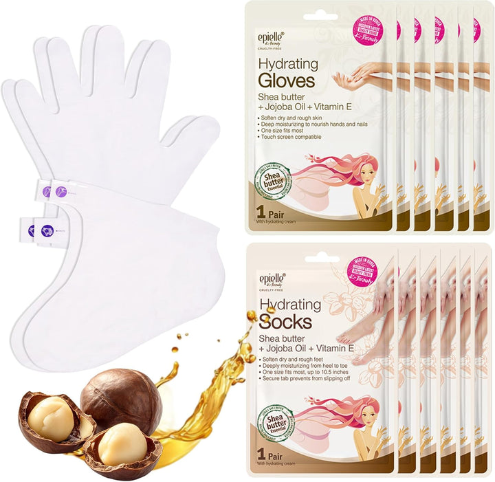 Hydrating Hand & Foot Masks 12 Pairs, Deep Moisturizing Socks & Gloves, Soften Dry Hands & Cracked Heels with Shea Butter & Jojoba Oil, Korean Skin Care, Foot Spa, Self Care Gifts for Women