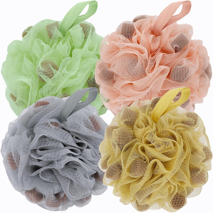 Bath Loofah Shower Sponge Body Back Scrubber Soft Mesh Shower Puffs Exfoliating Loofa for Women & Men Bath Accessories Cleaning Tool (Pack of 4 60G Loofah, Dark Elf)