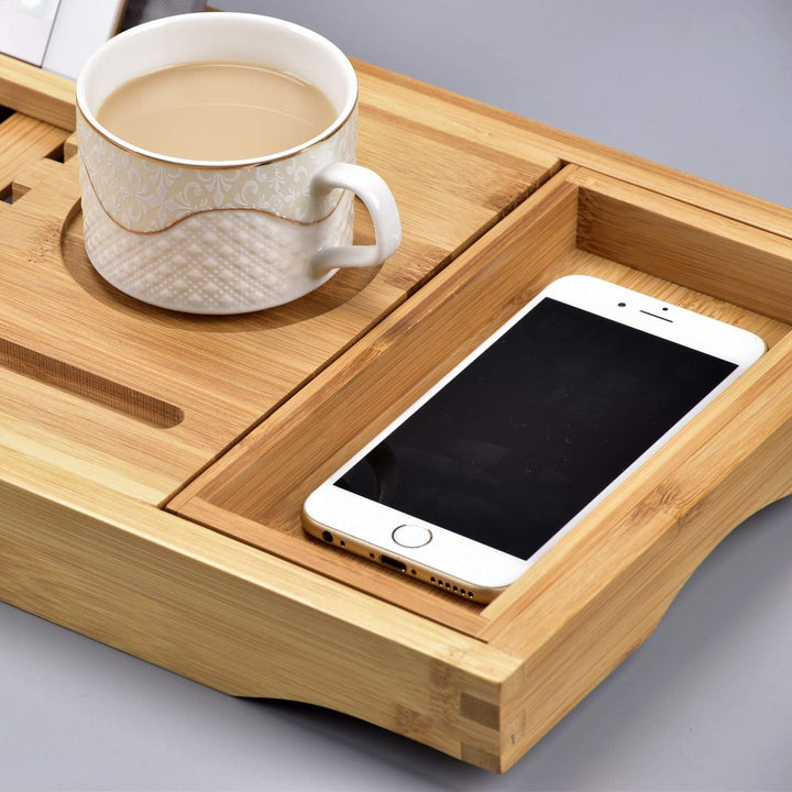 Luxury Bamboo Bathtub Tray - Wooden Expandable Caddy with Book, Tablet, Wine Holder - Gift Idea