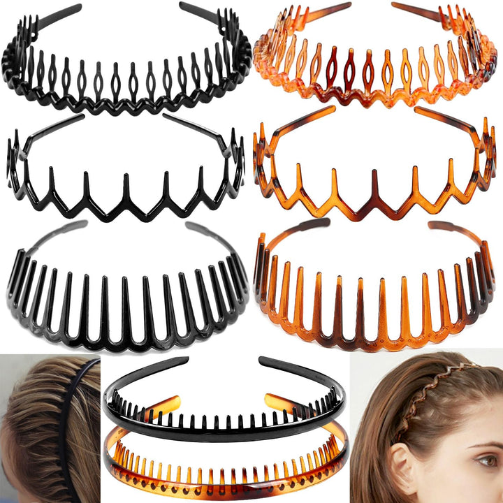 8 PCS Fashion No Slip Effortless Plastic Headbands with Teeth Comb Black Skinny Hair Accessories Bands for Women Men Teen Girls, Matte Black