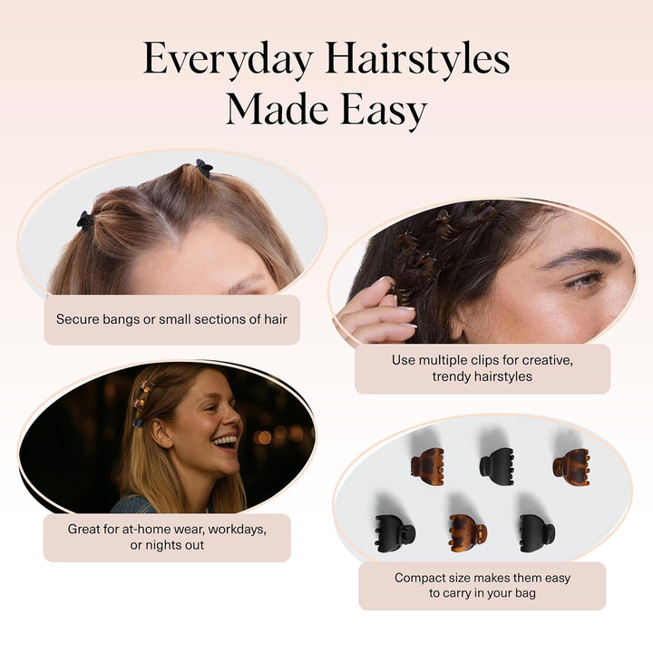 Mini Claw Clips for Women - Stylish Small Hair Clips for Kids | Stays in Place without Pulling or Snagging | Durable & Sturdy Plastic | Ideal Gifts for Women - Tortoise & Black, 6 Pcs