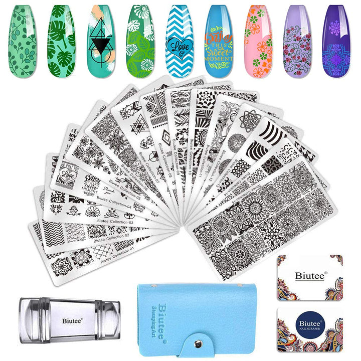 Nail Stamper Kit 15Pcs Nail Art Stamp Plate 8Pcs Stamp Gel Polish 1Pcs Nail Stamper Scraper Set with Storage Bag, Nail Stamp Template Kit Flower Lace Animal Star Halloween Christmas Design