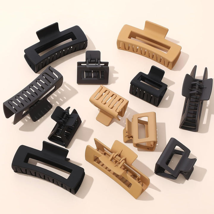 12 Pack Square Claw Clips, Big and Small Neutral Rectangle Hair Claw Clips, Non-Slip Matte Large Hair Clips for Women,Strong Hold Jaw Clip for Thick Thin Hair (Neutral)
