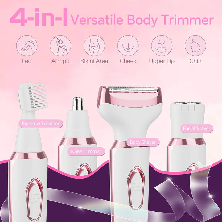 Women'S Electric Razor Bikini Trimmer, 4-In-1 Cordless Shaver for Face, Legs, Underarms, Pubic Hair – Wet/Dry Use, Painless Hair Removal
