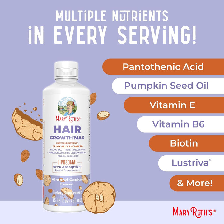 Women'S Hair Growth MAX Liposomal | with Lustriva® + Biotin 10000Mcg + Pumpkin Seed Oil | Thicker Hair | Hair Care | Wrinkles, Fine Lines, Skin Care | Ages 18+ | 15.22 Fl Oz