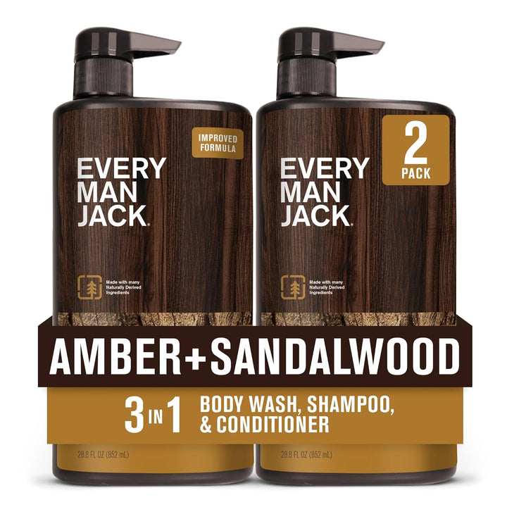 Amber + Sandalwood Hydrating Mens 3-In-1 All over Wash for All Skin and Hair Types - Body Wash, Shampoo and Conditioner with Naturally Derived Ingredients - 28.8Oz (2 Pack)