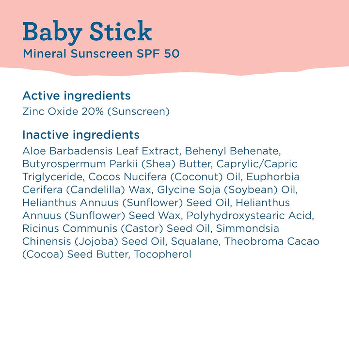 BABY Mineral Sunscreen Stick with Zinc Oxide, SPF 50+, Water Resistant, UVA/UVB Protection - Easy to Apply, Fragrance Free, .5 Oz
