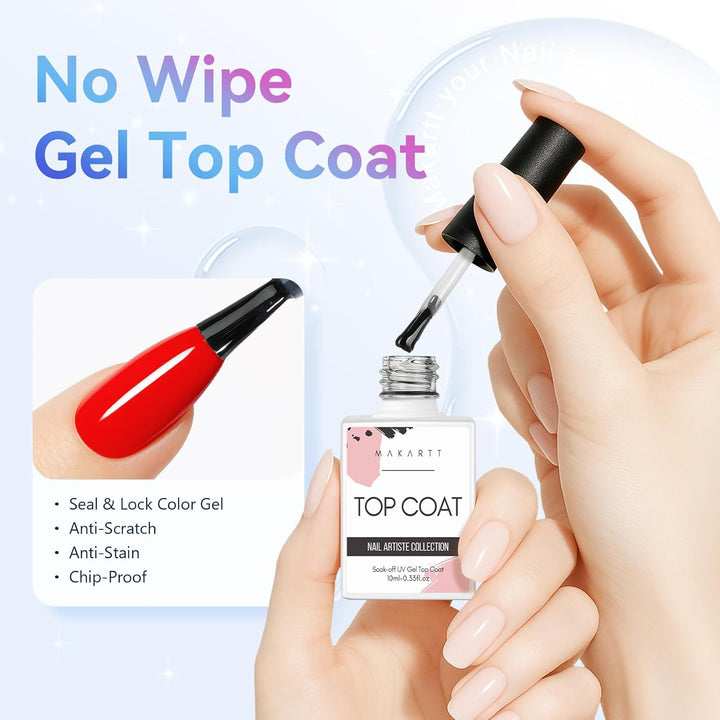 Gel Top Coat - 2 PCS No Wipe Top Coat Gel Nail Polish High Glossy Shine Finish Long Lasting, 10ML Clear Soak off UV Nail Lamp, Salon Quality Art Design for Home Use Beauty Gift