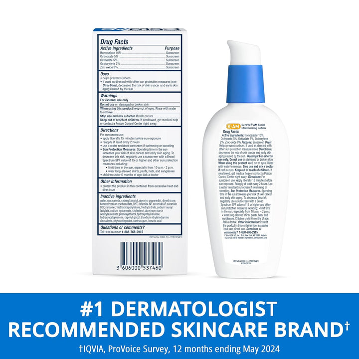 AM Facial Moisturizing Lotion with SPF 30, Oil-Free Face Moisturizer with SPF, Formulated with Hyaluronic Acid, Niacinamide & Ceramides, Non-Comedogenic, Broad Spectrum Sunscreen, 3 Ounce