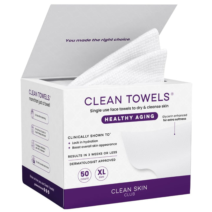 Healthy Aging Clean Towels® XL, Smooths Fine Lines Wrinkles & Texture in 6 Weeks, Treated for Extra Softness, Disposable Face Towels, anti Aging Makeup Remover Dry Wipe, 50 Count
