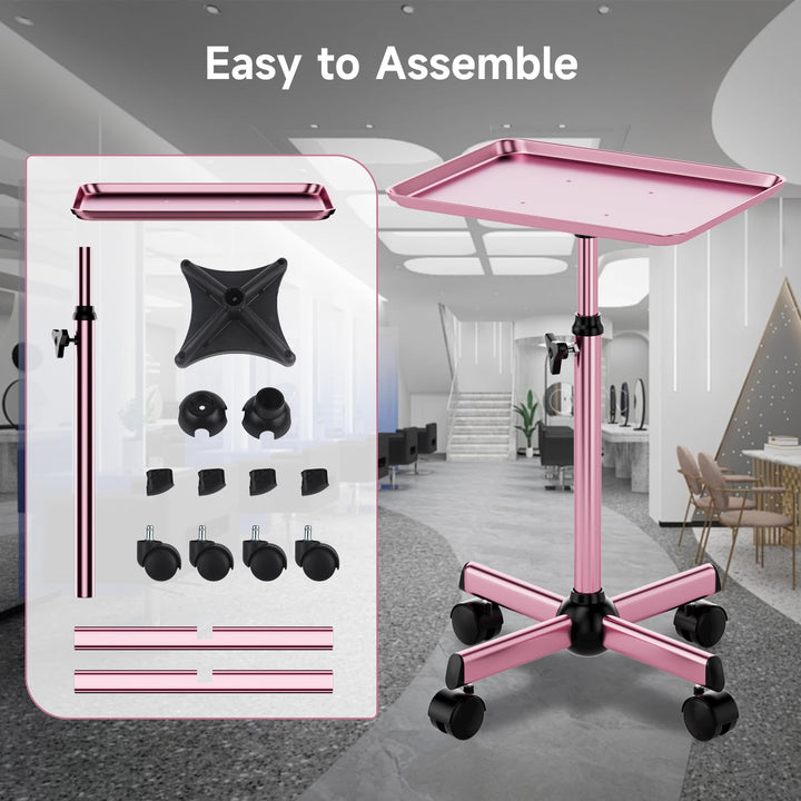 Salon Tray Cart Rolling Tray Spa Tray,Tattoo Tray Dental Tray Height Adjustable,Salon Tray on Wheels Premium Metal Rolling Trolley,Pink