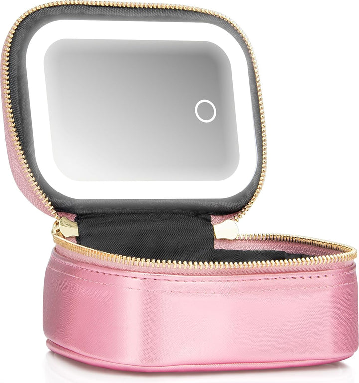 Small Makeup Bag with Led Mirror, Mini Travel Make up Bag 3 Light Modes Adjustable Brightness, for Women Organizer Cosmetic Bag, Portable Travel Train Toiletry Bag, for Pool Parties Work Touch-Ups