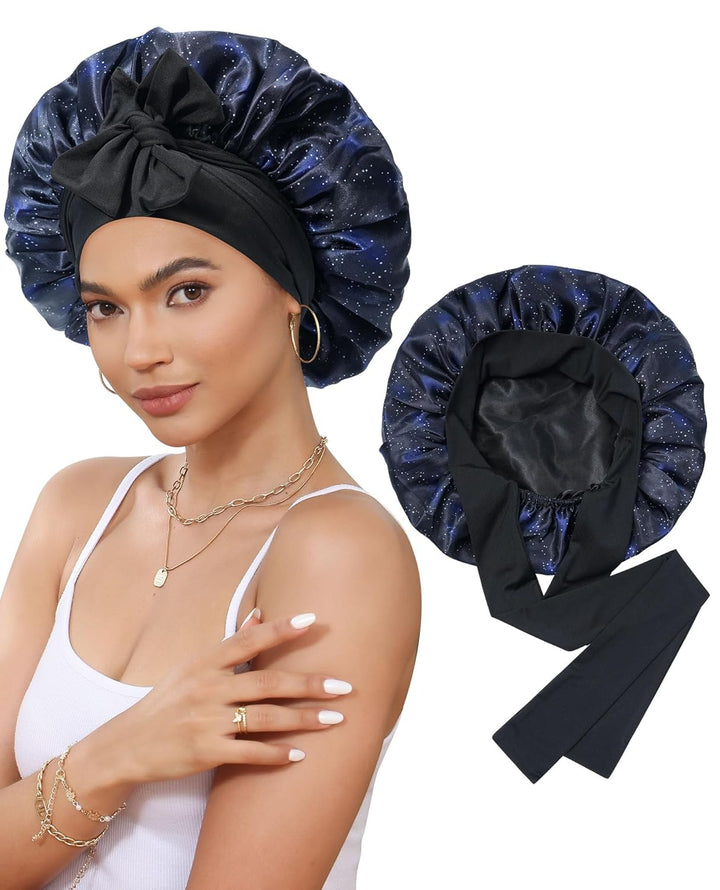 Satin Bonnet for Sleeping Cap Double Layer Hair Bonnet with Elastic Tie Band for Curly Hair Night Cap (Bean Paste + Pink)