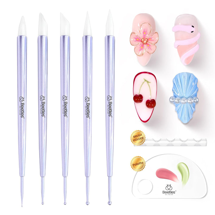 Beetles Nail Art Brushes 8Pcs – Crystal Nail Art Tools 5Pcs Double-Headed Nails Dotting Tool, 3Pcs Striping Liner Brushes for Nails with Pearls Bowknot Stickers, DIY Home Salon Manicure Design Tools