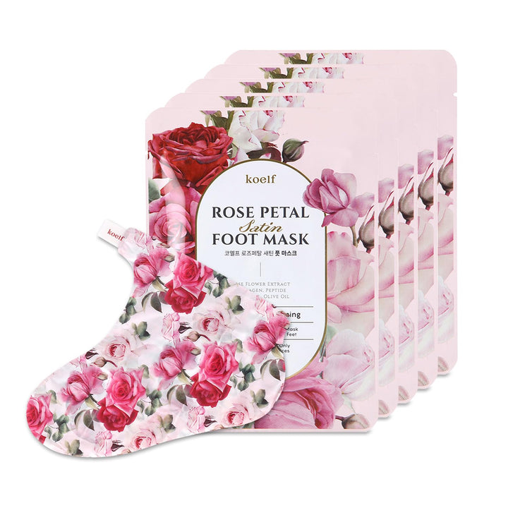 PETITFEE Rose Petal Satin Foot Mask (5Pairs) - Intensive Nourishing Socks, Rose Scented Foot Repair Masks with Peptide, Collagen, Shea Butter, Urea for Silky Smooth Feet, Foot Treatment, Body Mask