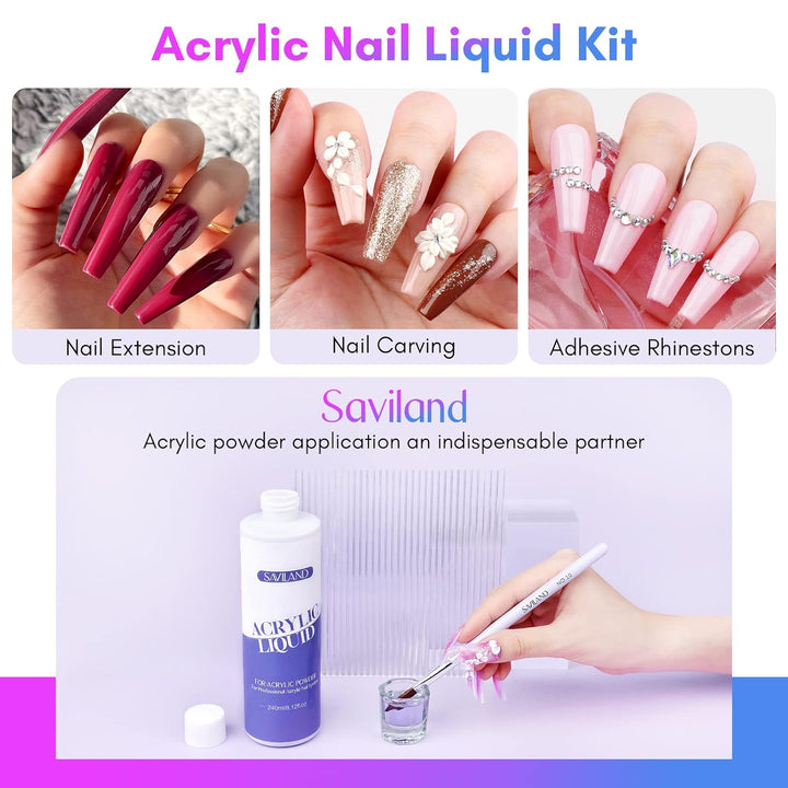 Monomer Acrylic Nail Liquid – 8.11Fl.Oz Acrylic Liquid with 3PCS Brushes Size（8/10/14) Non-Yellowing Monomer for DIY Home Nail Salon Use