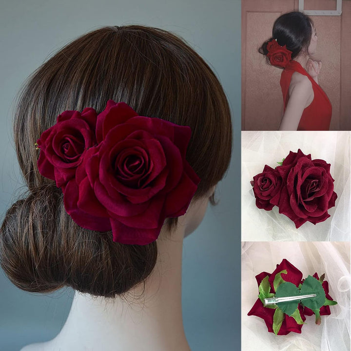 Flower Hair Combs, Rose Flower Bohemia Hairpin Bride Costume Hair Decor for Party Wedding Red(1Pc)