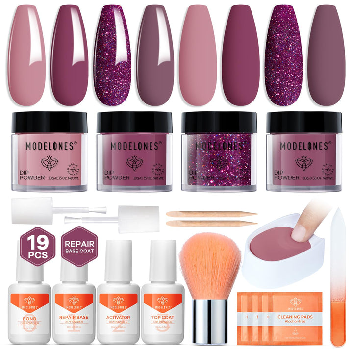 Dip Powder Nail Kit, 4 Colors Fall Orange Glitter Dipping Starter Set with Liquid and Complete Accessories for French Nails Art Salon DIY at Home Manicure