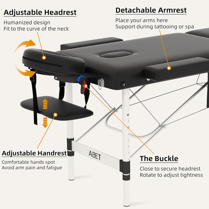 Massage Table, 3 Fold Portable Professional Lash Tattoo Spa Bed, Height Adjustable 23.5" Wide Compact Facial Table with Detachable Oil Pocket Towel Rod Face Cradle Armrest, Aluminum Feet & Black