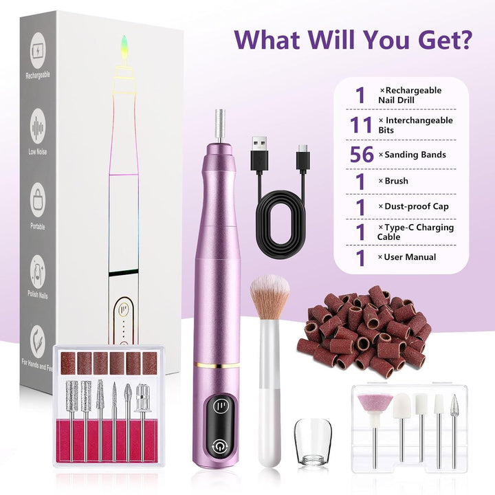 Cordless Nail Drill Electric Nail File Kit Rechargeable Professional Efile Nail Set, Portable Acrylic Gel Nail Polish Remover Machine Pedicure Manicure Tool, 11 Bits 56 Sanding Bands Salon Home