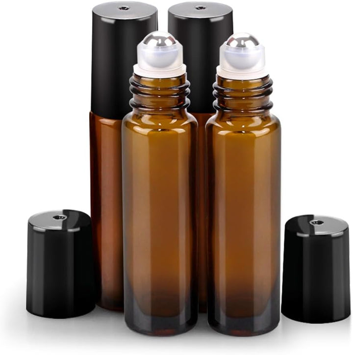 12 Pack Essential Oil Roller Bottles Stainless Steel, 10Ml Amber Glass Roller Bottles with Caps for Travel, Perfume and Lip Gloss
