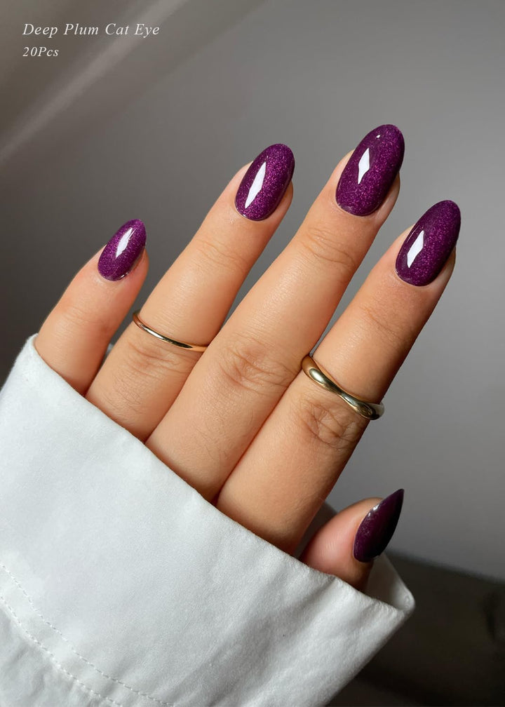 Semi Cured Gel Nail Strips (Deep Plum Cat Eye), Dark Purple, 20 Pcs Gel Nail Wraps, Stickers, UV Light Required, Salon Quality, Long Lasting