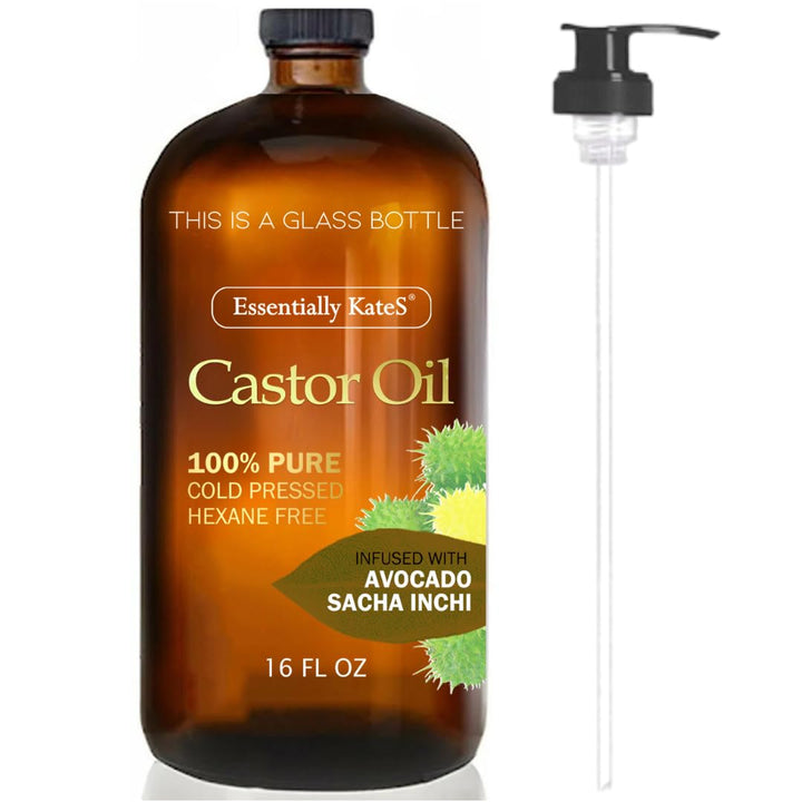 Castor Oil 16 Fl Oz (Glass Bottle) - Original - a Huge Glass Bottle with a Pump - 100% Pure and Natural, Cold Pressed, and Hexane-Free - Hair and Body