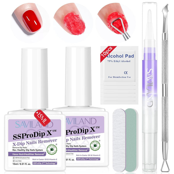Dip Powder Remover 2 Pcs: Professional Dip Nail Remover Kit Gentle & Safe Remove Dip Nails with Cuticle Oil Nail File Tools No Need Soaking or Wrapping 0.5 Floz Home Use