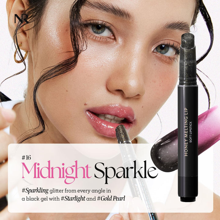 HONEY MELTING LIP GLITTER & PLUMPING (16 MIDNIGHT SPARKLE) SOFT LIP STICK Moisturizing Gloss, Volumizing Formula, Color Changing Sheer Tint, Shine Glimmer Finish, Korean Make Up