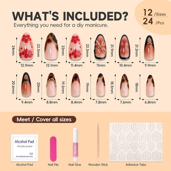 Medium Almond 3D Brown Gold Flower Press on Nails-‎ Tortoiseshell Leopard French Tip Blossom Gradient Design,24Pcs Handmade Fall/Autumn/New Year Glue on Acrylic Fake Nail Press Ons for Women