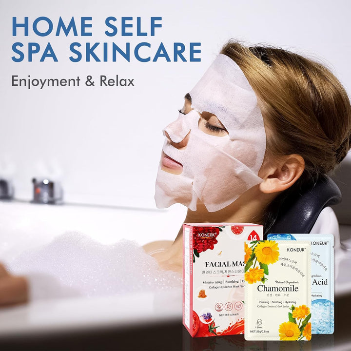 14 Pack Sheet Face Masks Skincare, Hydrating Face Masks Suitable for Dry Skin, Bulk Facial Mask Set for Women Skin Care, Face Mask Gifts Set for Face Spa