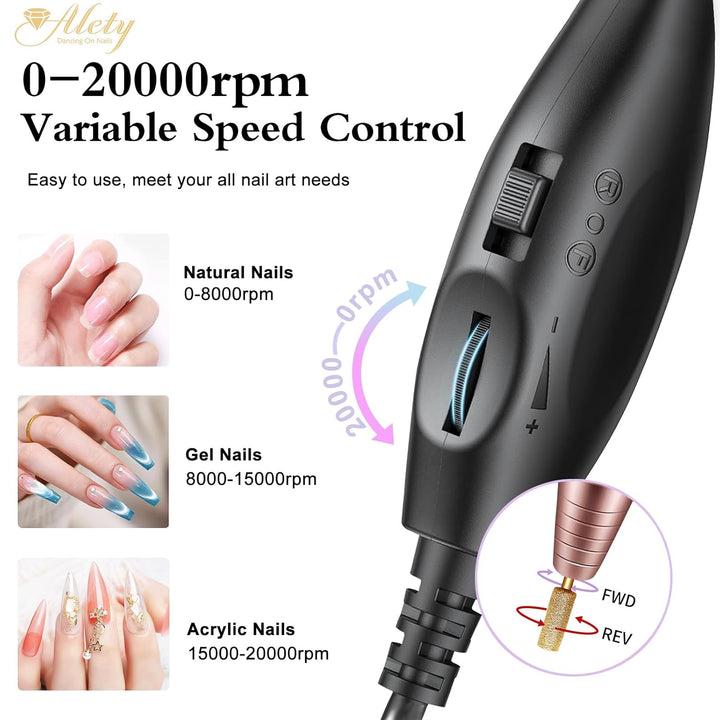 Electric Nail Drill Kit - Portable File for Acrylic Gel Nails, Professional Machine Efile Manicure Pedicure Tools with Gold Drill Bits for Home Salon Use