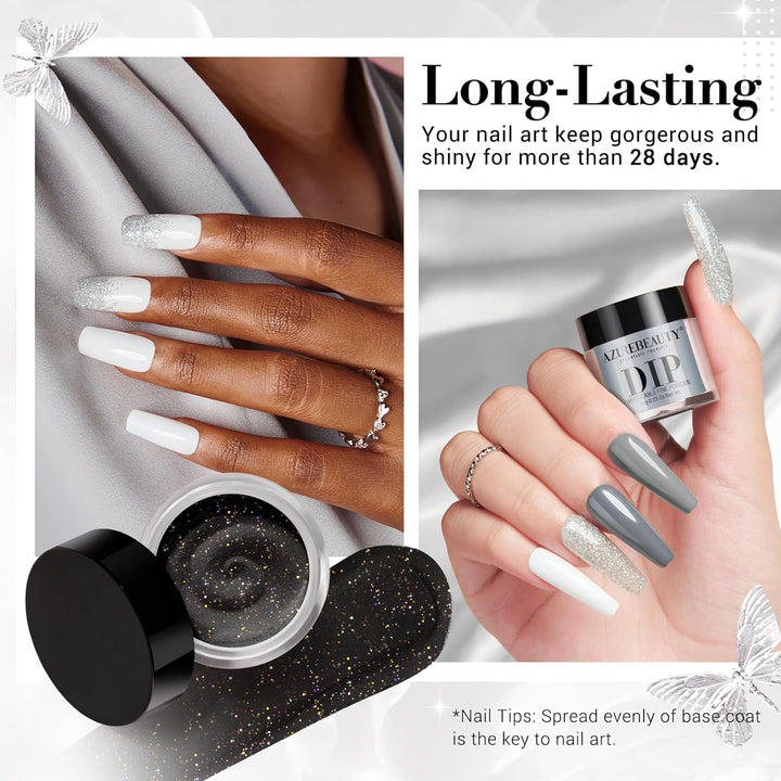 Dip Powder Nail Basic Set White Black Silver Grey Pure Sparkle 6 Colors All Seasons Dipping Powder Starter Kit French Nail Art Manicure DIY Salon for Women, No Need Nail Lamp Cured