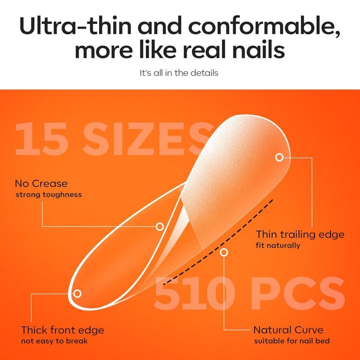 Gel Nail Kit Almond, Upgrade 15Sizes Fake Nails, 9-In-One Glue Dehydrator & Mini U V Light Clipper, 510Pcs Medium Almond Press on Tips for Extension DIY Salon Home Gift