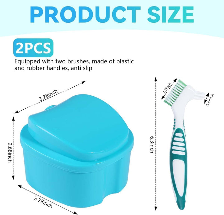2 Pack Denture Bath Case Cup Box Holder Storage Container with Denture Cleaner Brush Strainer Basket for Travel Cleaning (Light Blue and Blue)