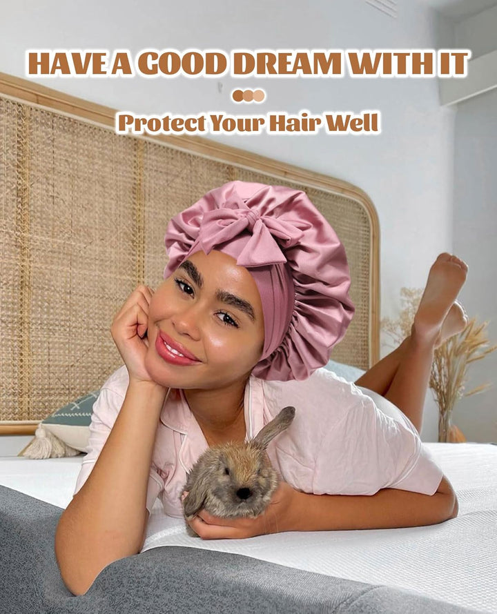 Satin Bonnet for Sleeping Cap Double Layer Hair Bonnet with Elastic Tie Band for Curly Hair Night Cap (Bean Paste + Pink)