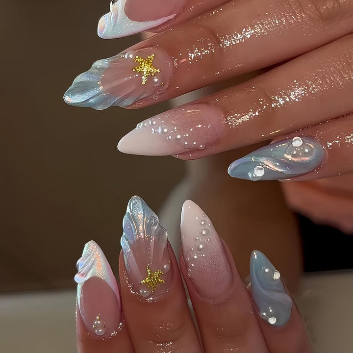 Medium Almond 3D Brown Gold Flower Press on Nails-‎ Tortoiseshell Leopard French Tip Blossom Gradient Design,24Pcs Handmade Fall/Autumn/New Year Glue on Acrylic Fake Nail Press Ons for Women