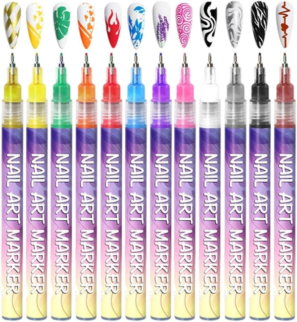 12 Colors Nail Art Pens Set, 3D Nail Art Markers Doodle Pen for Kids Adults, Nail Art Tools for Polishing Dotting Painting Liner DIY (1 Set)