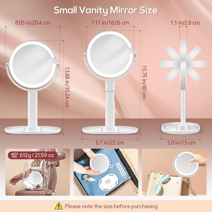 Makeup Mirror with Lights, Lighted Magnifying Mirror 30X with 3 Lighting and Adjustable Brightness, 2-Sided Height Adjustable Vanity Mirror for Bathroom, Gifts for Women White