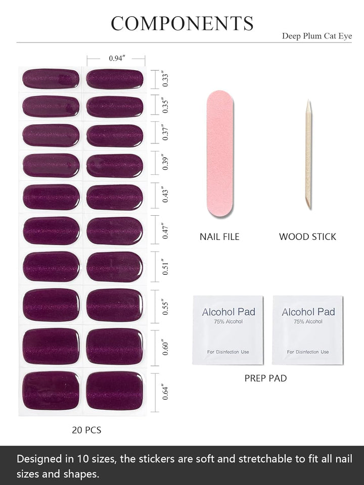 Semi Cured Gel Nail Strips (Deep Plum Cat Eye), Dark Purple, 20 Pcs Gel Nail Wraps, Stickers, UV Light Required, Salon Quality, Long Lasting