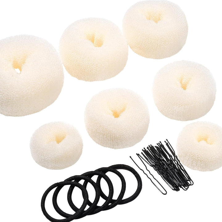 Donut Hair Bun Maker Set - 7 Rings (1 Extra-Large, 2 Large, 2 Medium, 2 Small), 5 Elastic Bands, 20 Hair Pins, Dark Brown