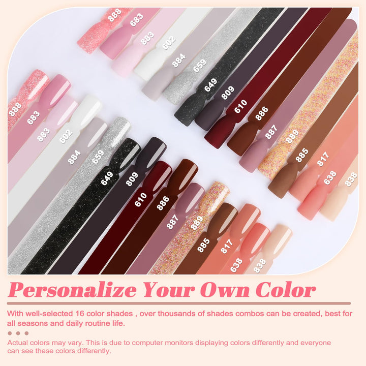 22 Pcs Dip Powder Nail Kit Starter - 16 Colors Nude Pinkish Brown Skin Tone with Base Top Coat, Activator, Brush Saver, Nail Buffer and Powder Brush M960B