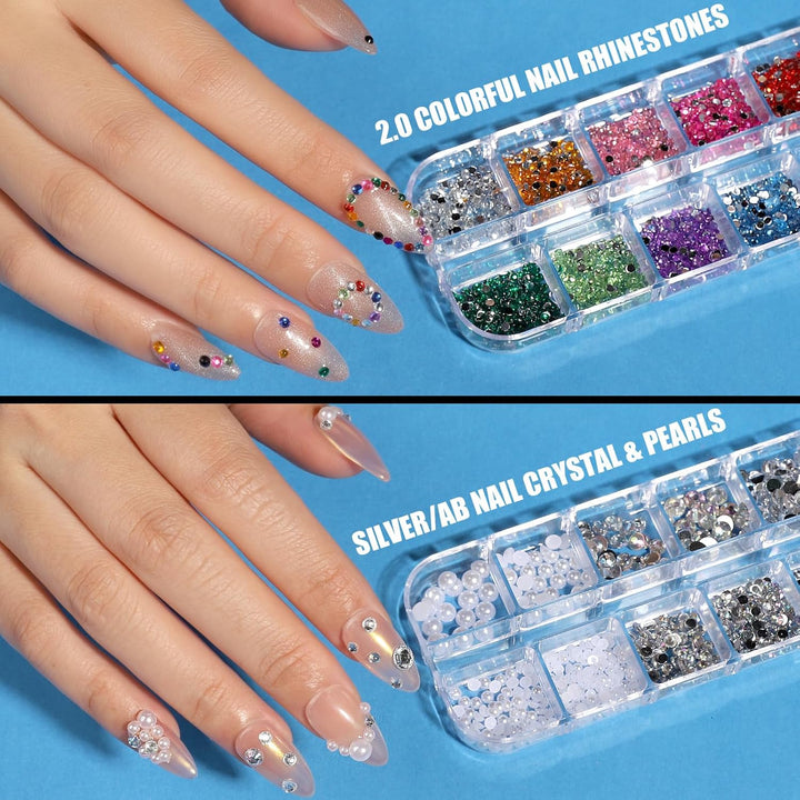 Acrylic Nail Kit with Chrome Powder, Almond Tips, Art Brushes, Charms, 3D Gel, Tools, Stand - Beginner Set