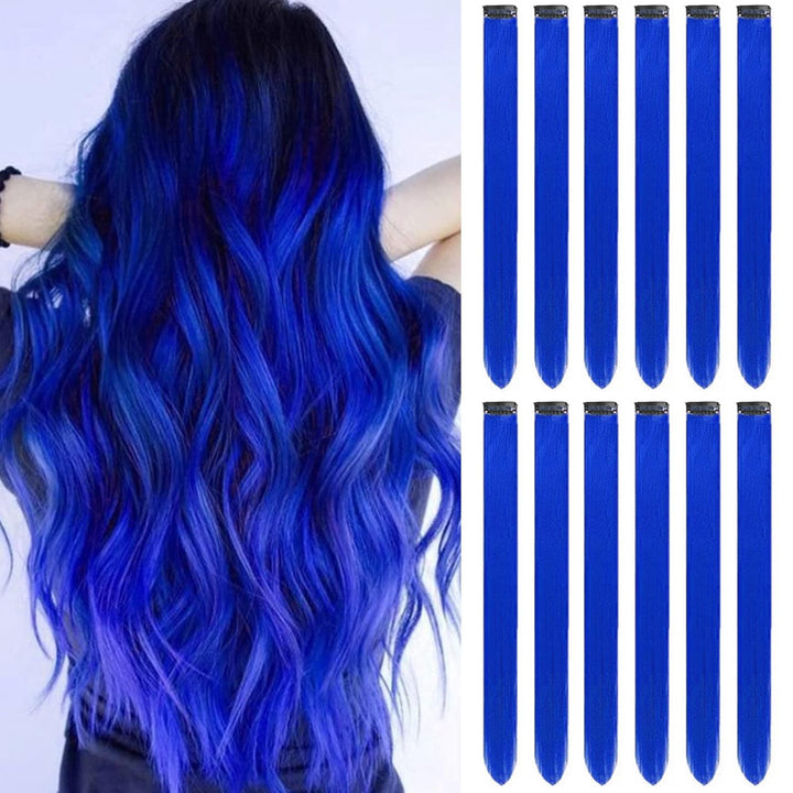 12 PCS Blue Hair Extensions Clip In, Colored Party Highlights Extension for Kids Girls Synthetic Hairpiece Straight 22 Inch