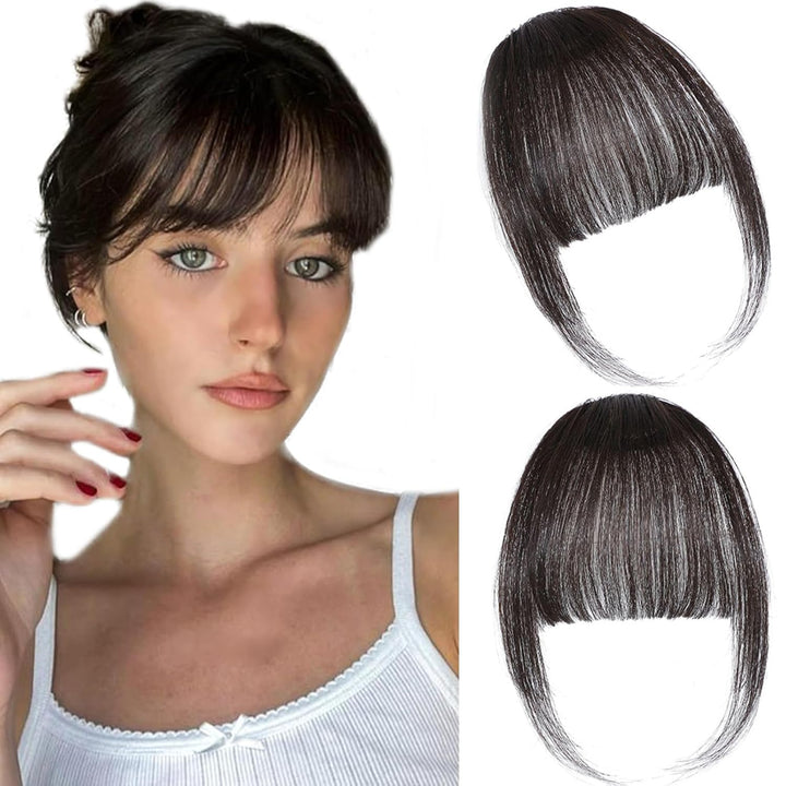Clip in Bangs 100% Real Human Hair Extensions Wispy Natural Black Fake Bangs Hair Clip on Bangs for Women Fringe with Temples Hairpieces Faux Bangs for Daily Wear