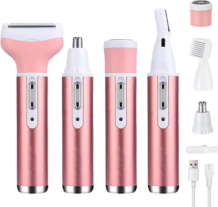 4-In-1 Electric Razor for Women - Rechargeable Painless Body & Facial Hair Remover, Bikini Trimmer for Legs, Underarm & Face, Portable Women'S Shaver Set with Smooth Glide Technology